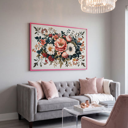 Vintage Floral Botanical Canvas with Salmon Peonies in pink floating frame