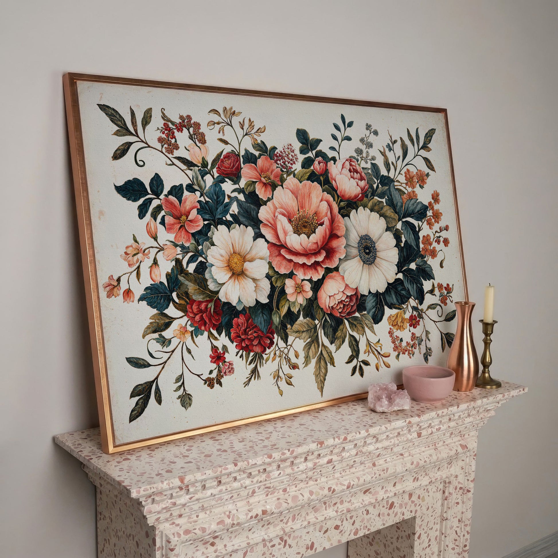 Vintage Floral Botanical Canvas with Salmon Peonies in rose gold floating frame