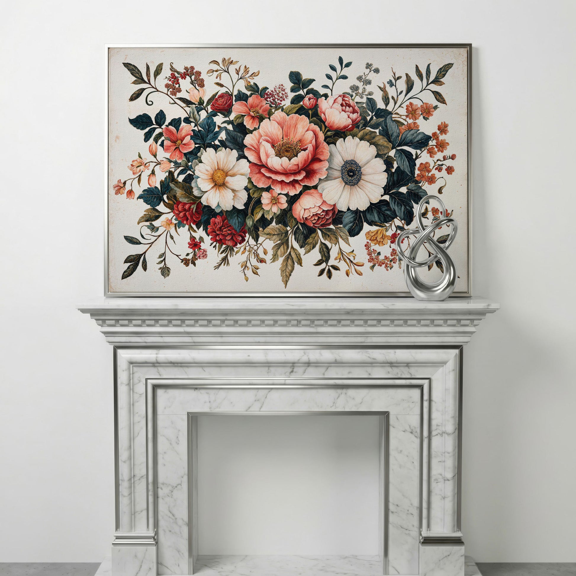 Vintage Floral Botanical Canvas with Salmon Peonies in silver floating frame