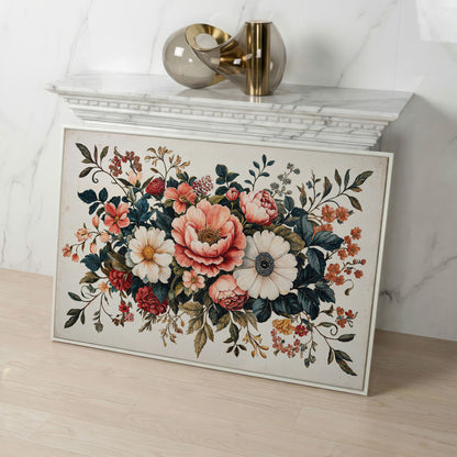 Vintage Floral Botanical Canvas with Salmon Peonies in white floating frame