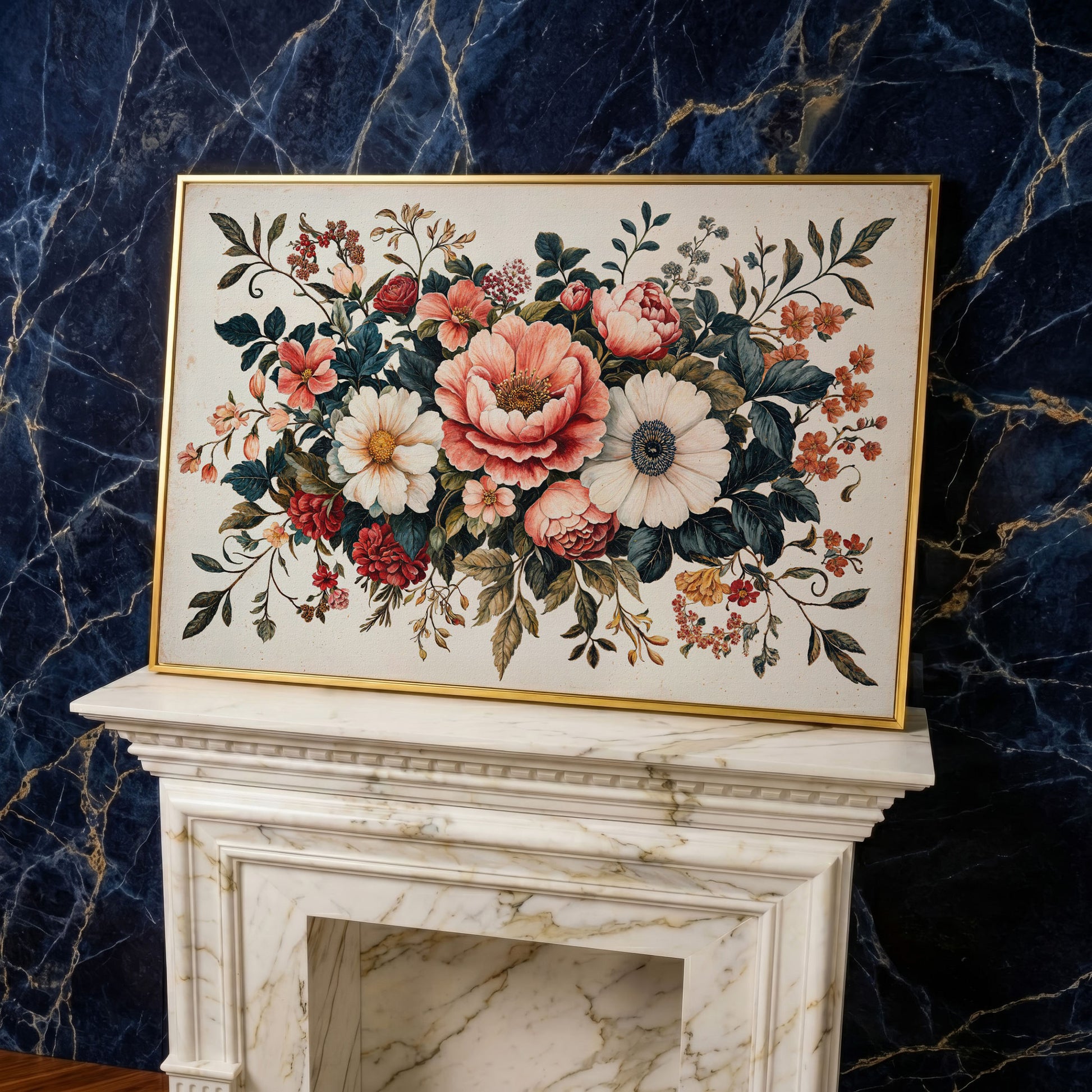 Vintage Floral Botanical Canvas with Salmon Peonies in yellow gold floating frame