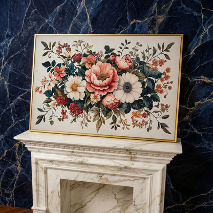 Vintage Floral Botanical Canvas with Salmon Peonies in yellow gold floating frame