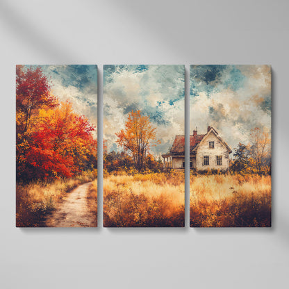 Weathered Farmhouse in Autumn Canvas Wall Art as 3-panel split version
