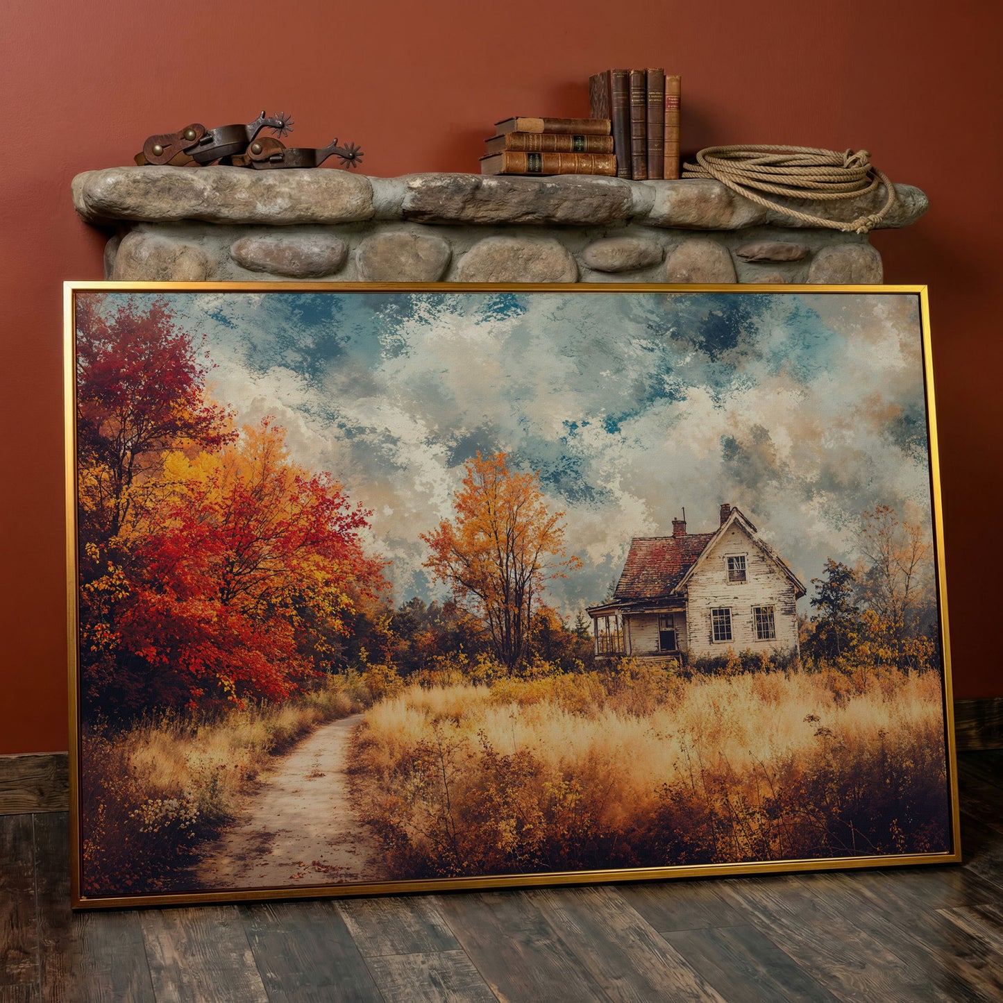 Weathered Farmhouse in Autumn Canvas Wall Art in antique gold floating frame