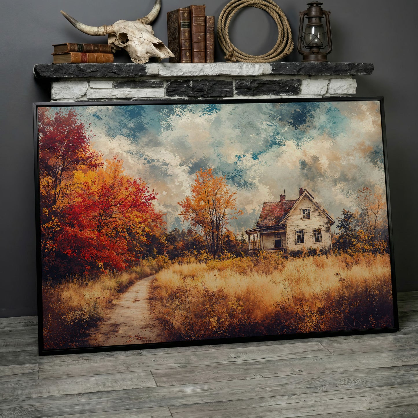 Weathered Farmhouse in Autumn Canvas Wall Art in black floating frame