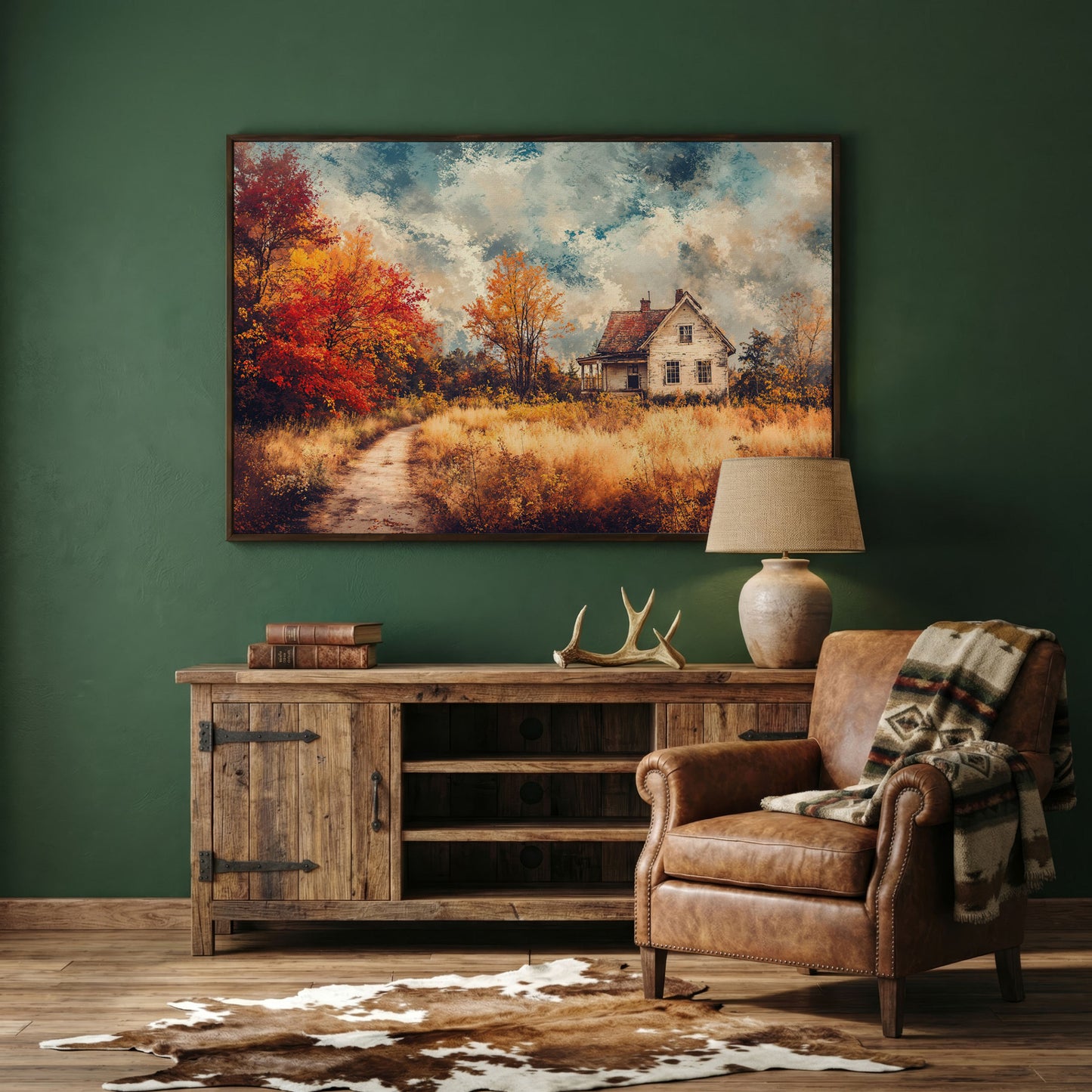Weathered Farmhouse in Autumn Canvas Wall Art in dark walnut floating frame