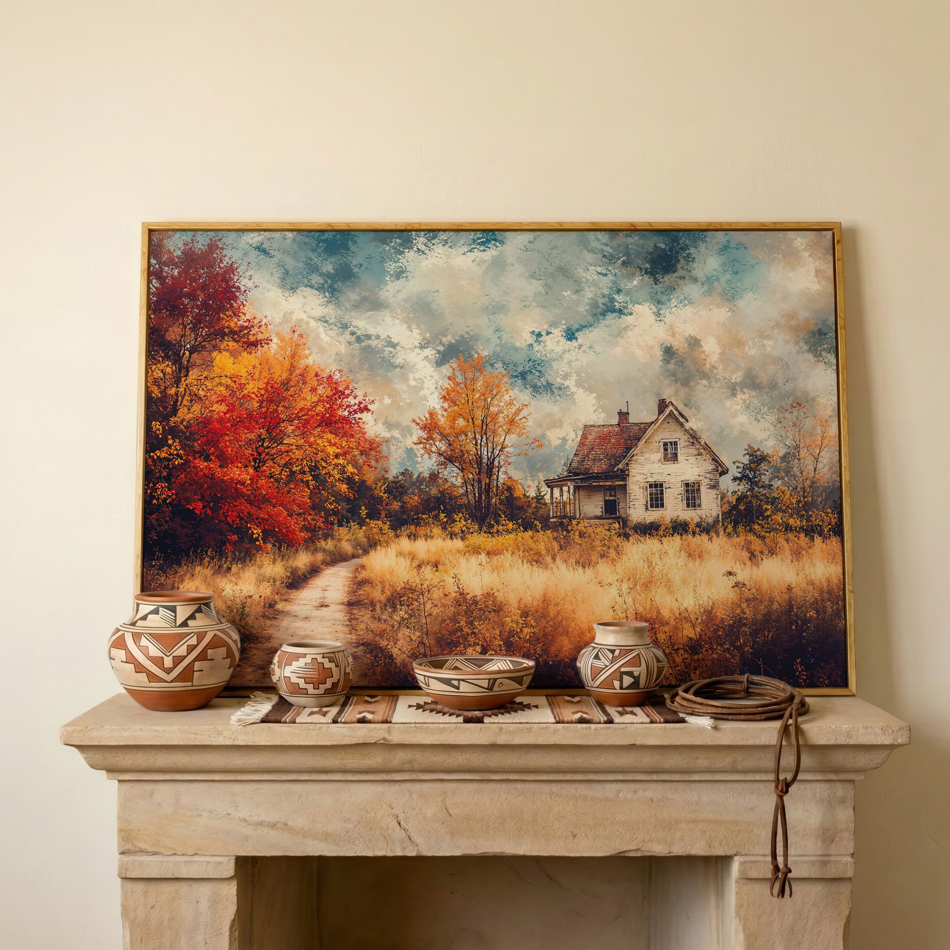 Weathered Farmhouse in Autumn Canvas Wall Art in white oak floating frame
