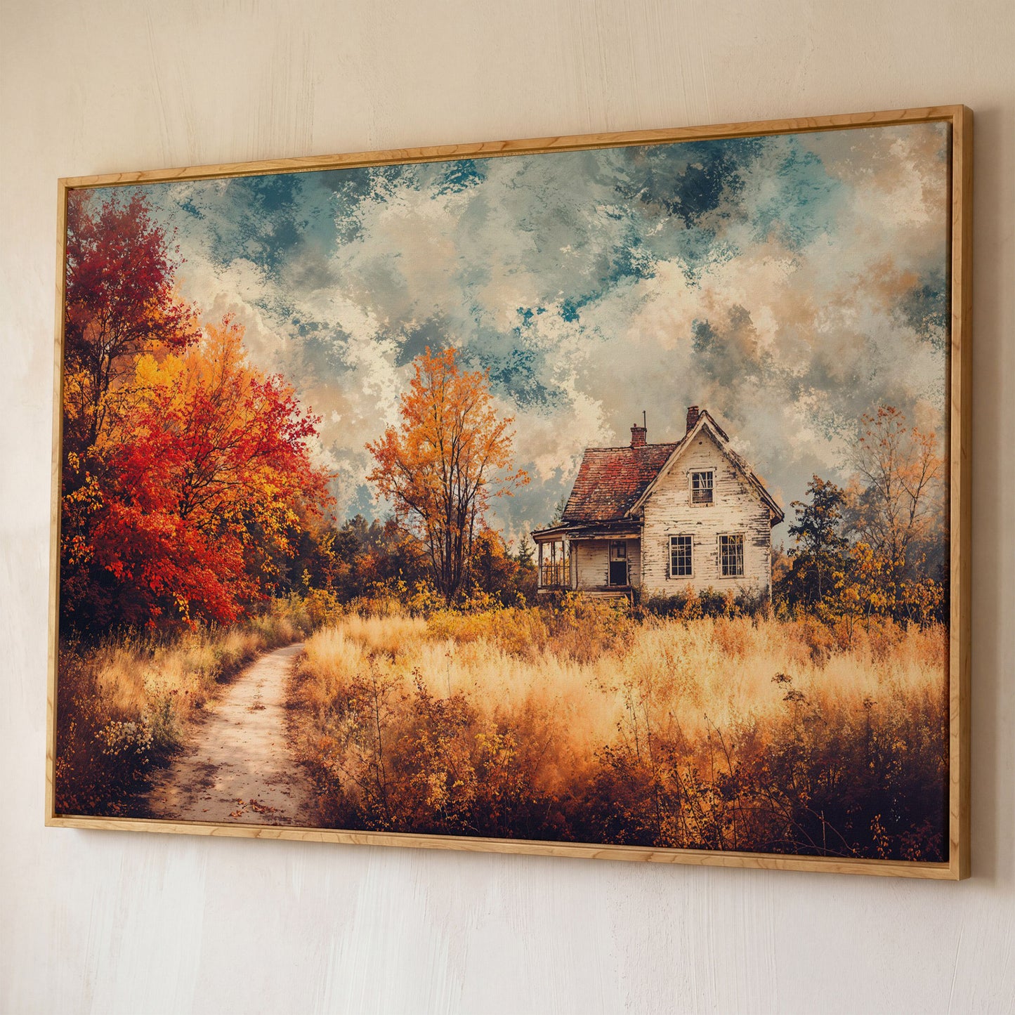 Weathered Farmhouse in Autumn Canvas Wall Art shown in white oak floating frame