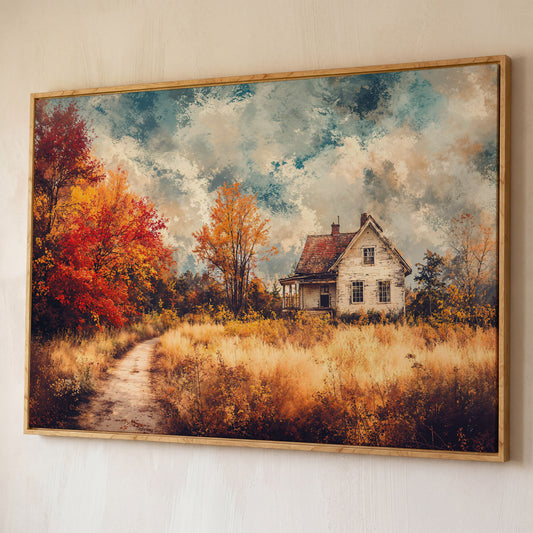 Weathered Farmhouse in Autumn Canvas Wall Art shown in white oak floating frame
