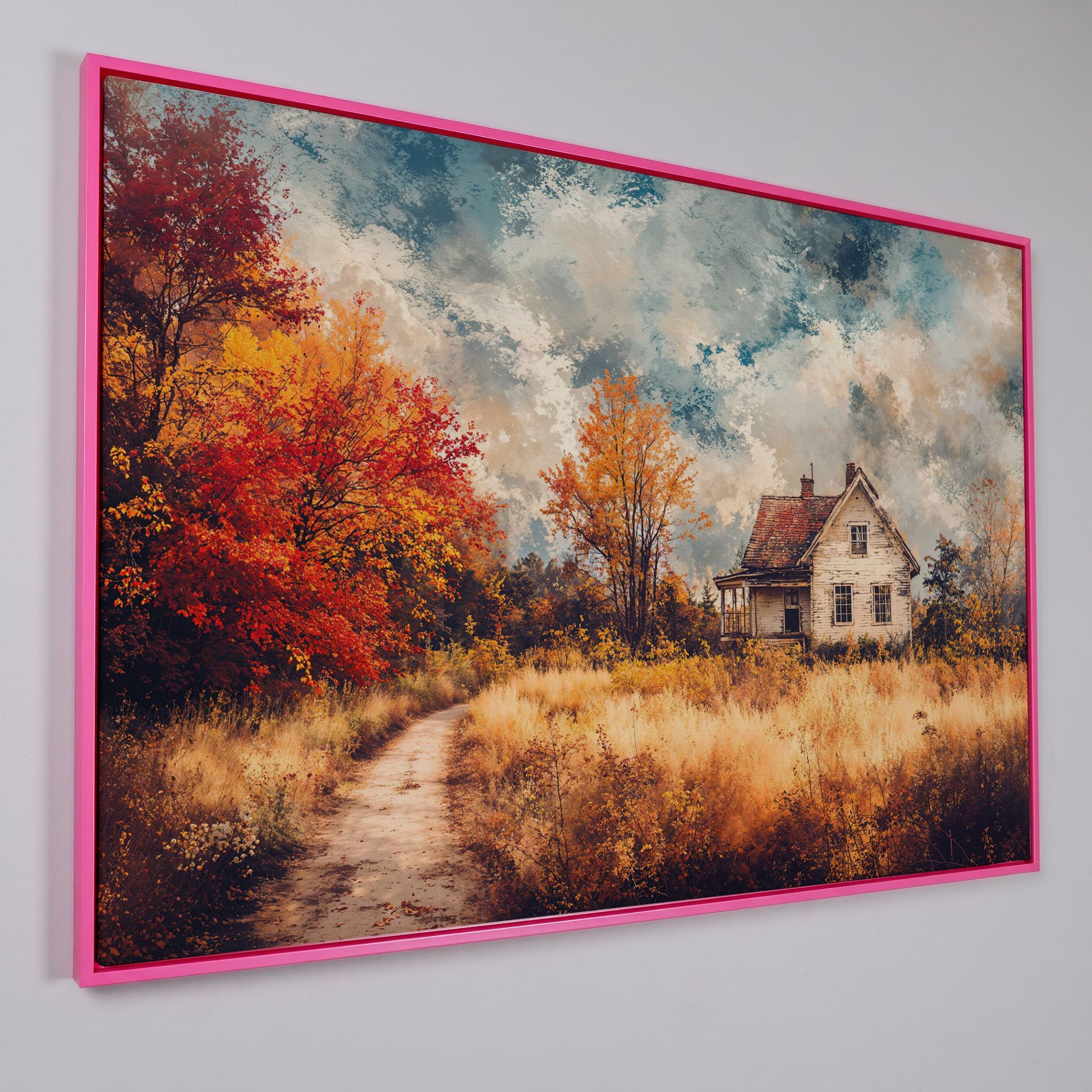 Weathered Farmhouse in Autumn Canvas Wall Art in pink floating frame