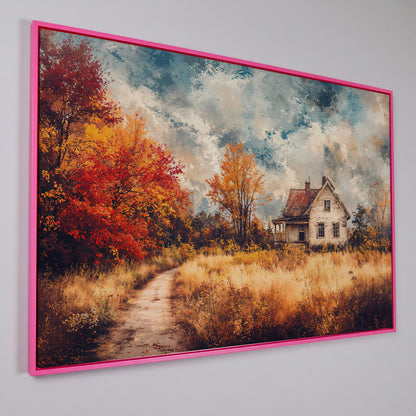 Weathered Farmhouse in Autumn Canvas Wall Art in pink floating frame