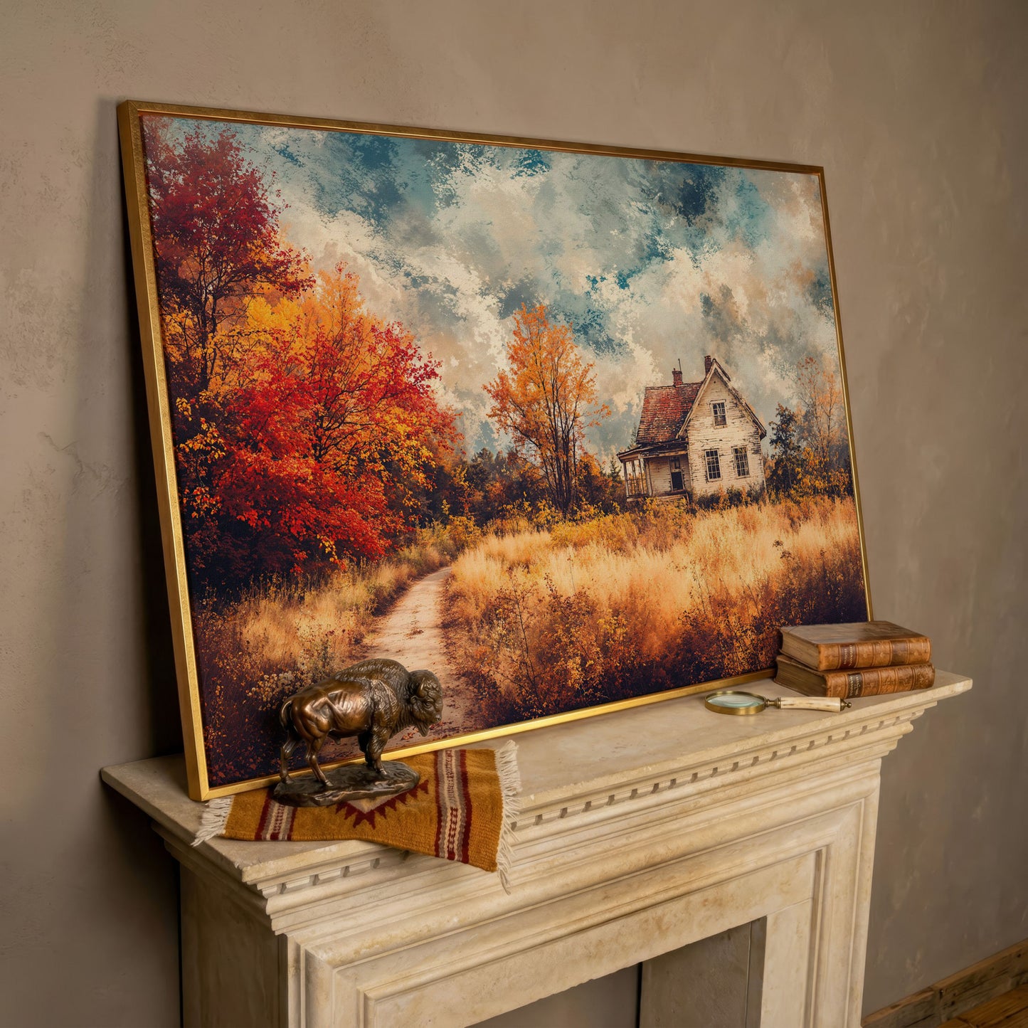 Weathered Farmhouse in Autumn Canvas Wall Art in rose gold floating frame