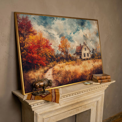 Weathered Farmhouse in Autumn Canvas Wall Art in rose gold floating frame