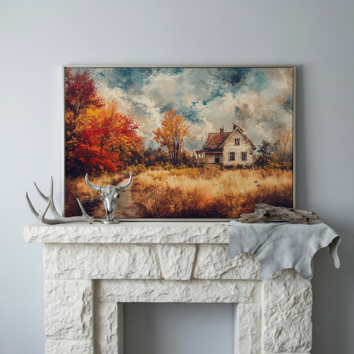 Weathered Farmhouse in Autumn Canvas Wall Art in silver floating frame
