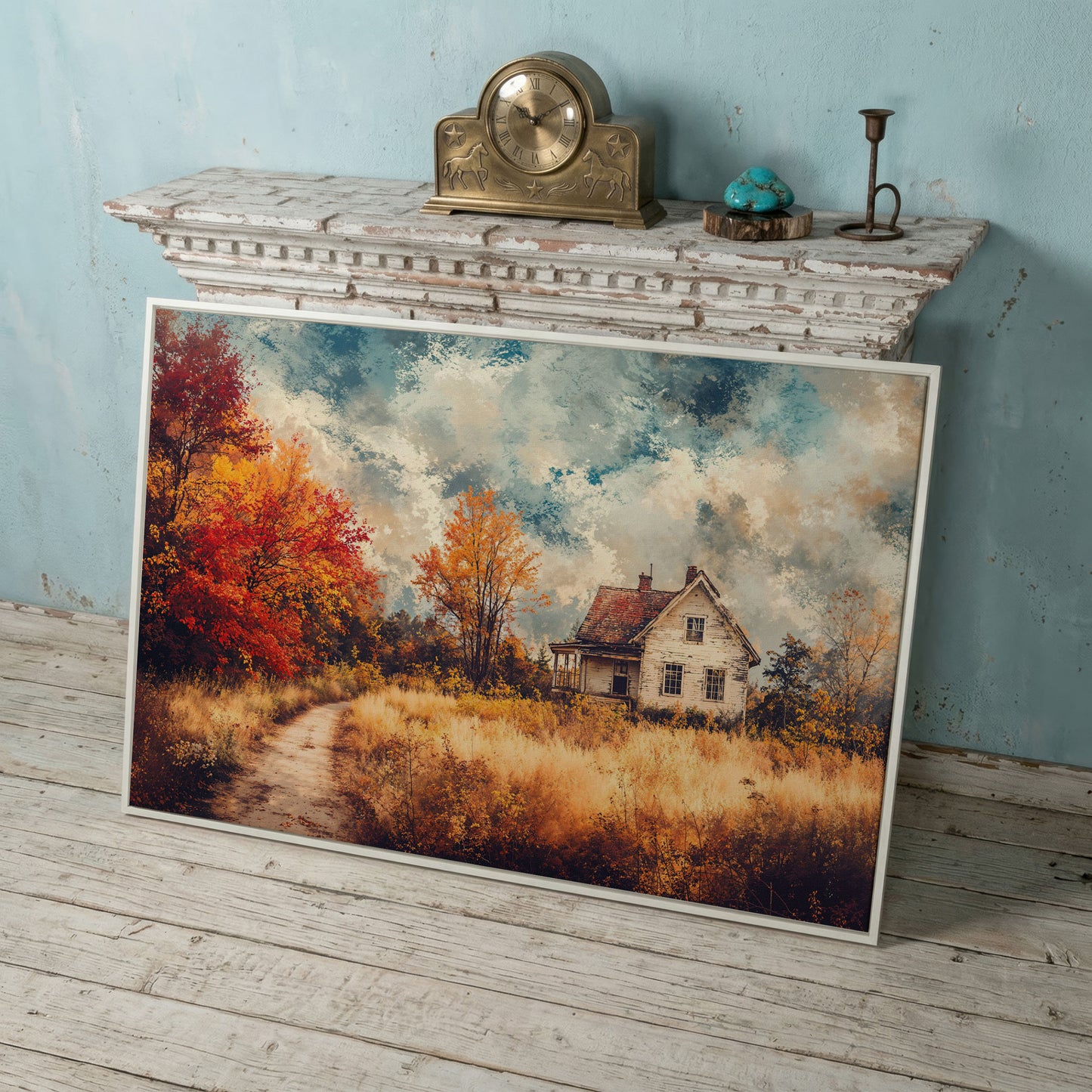 Weathered Farmhouse in Autumn Canvas Wall Art in white floating frame