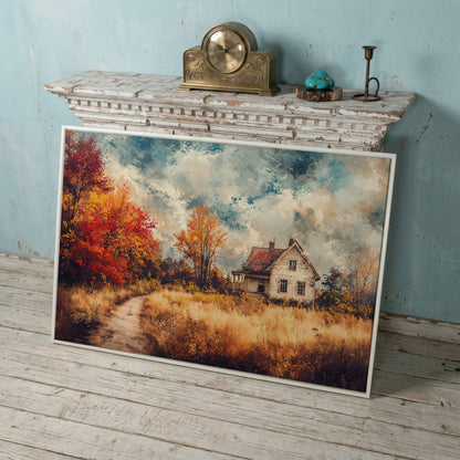 Weathered Farmhouse in Autumn Canvas Wall Art in white floating frame