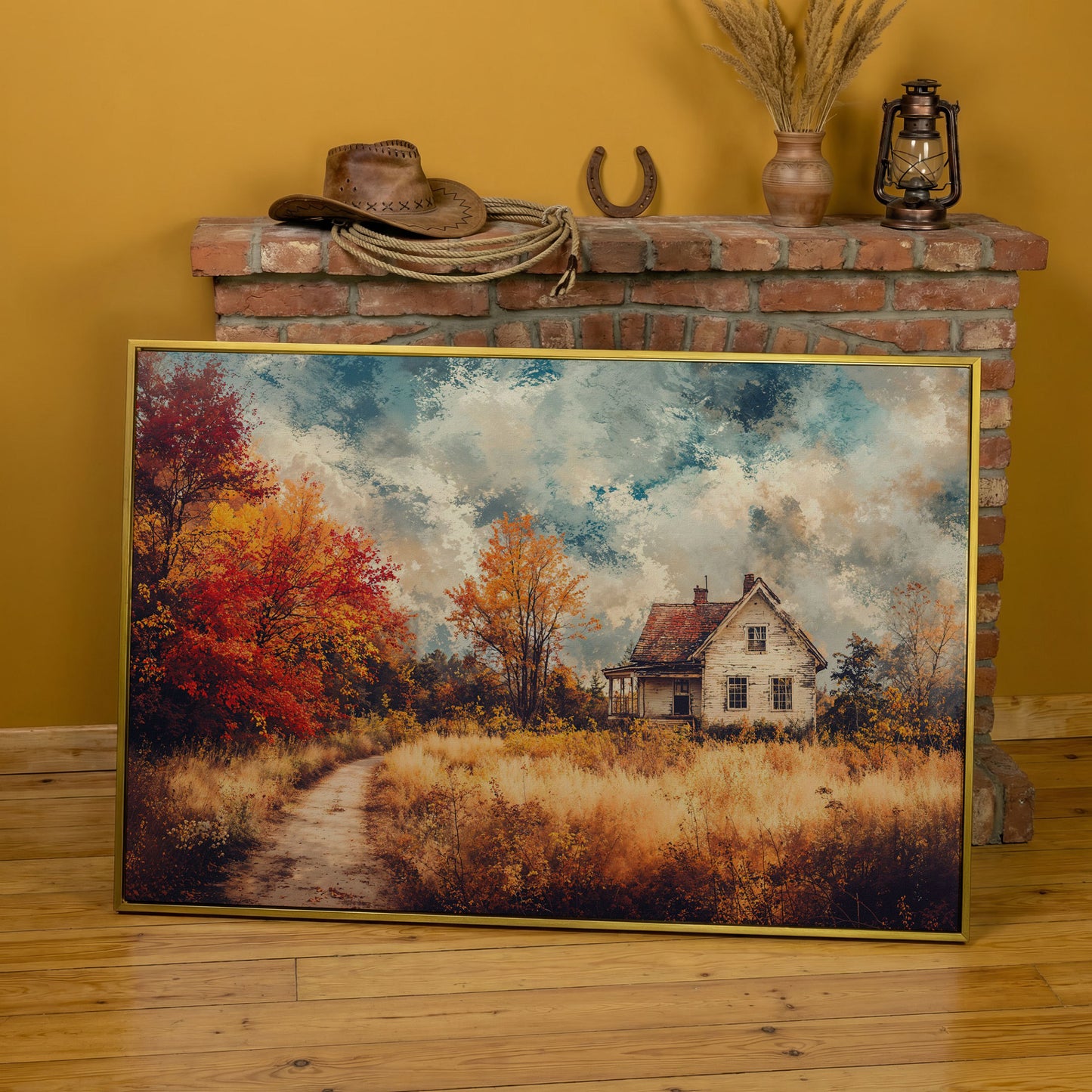 Weathered Farmhouse in Autumn Canvas Wall Art in yellow gold floating frame