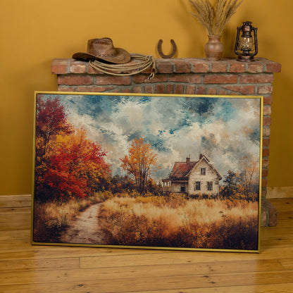 Weathered Farmhouse in Autumn Canvas Wall Art in yellow gold floating frame