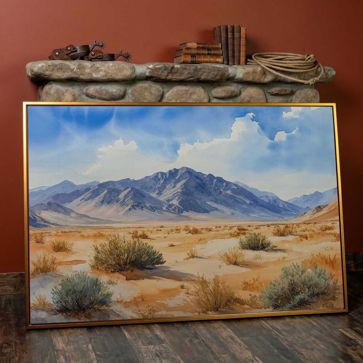 Desert Mountain Landscape Canvas in antique gold floating frame