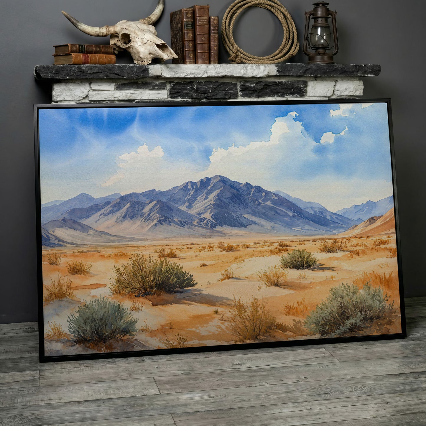 Desert Mountain Landscape Canvas in black floating frame