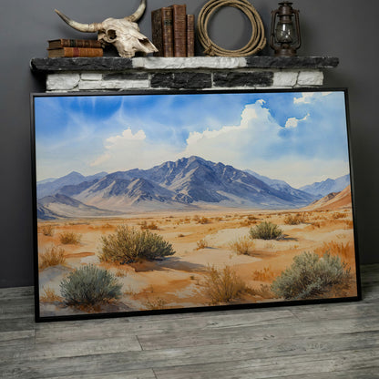 Desert Mountain Landscape Canvas in black floating frame