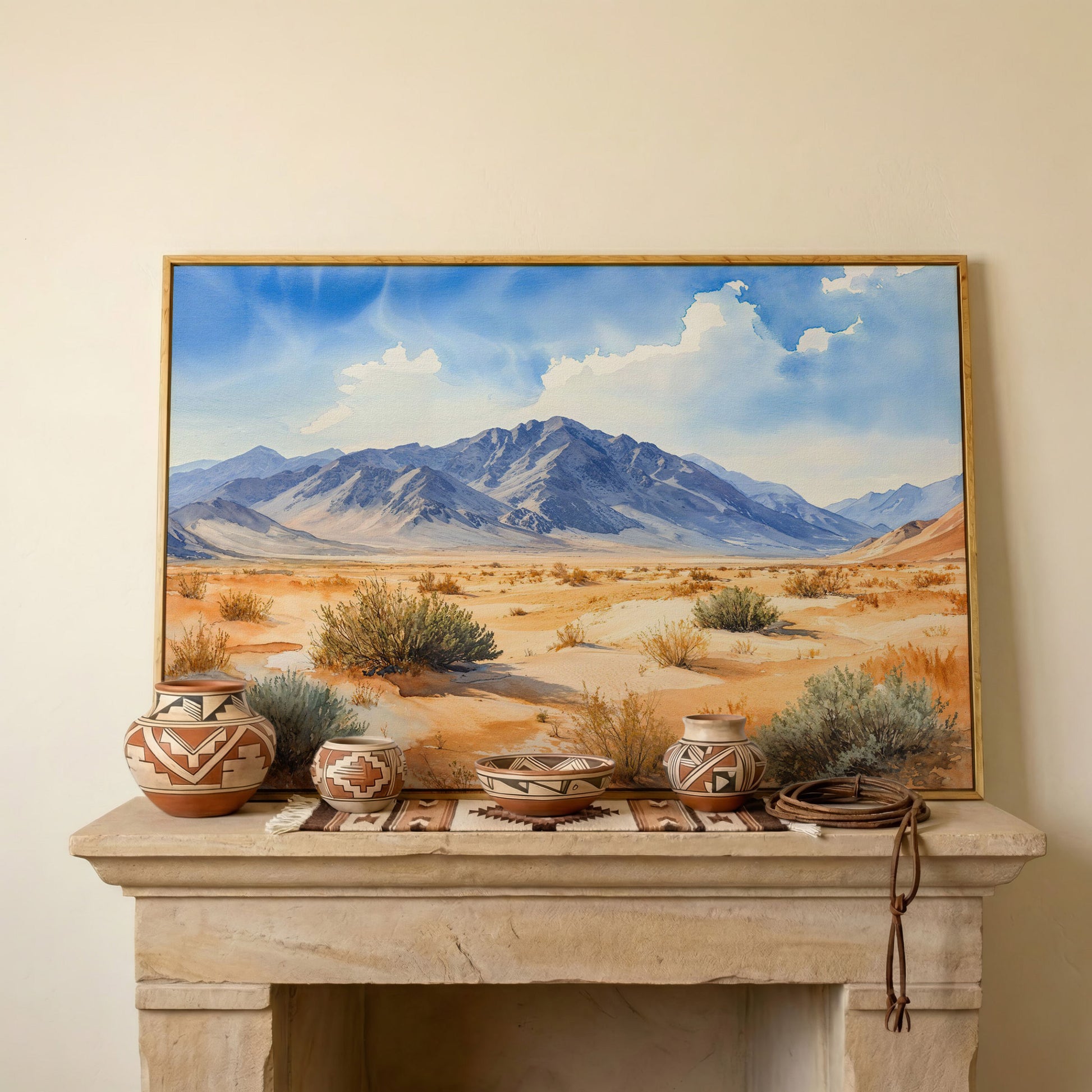 Desert Mountain Landscape Canvas in white oak floating frame