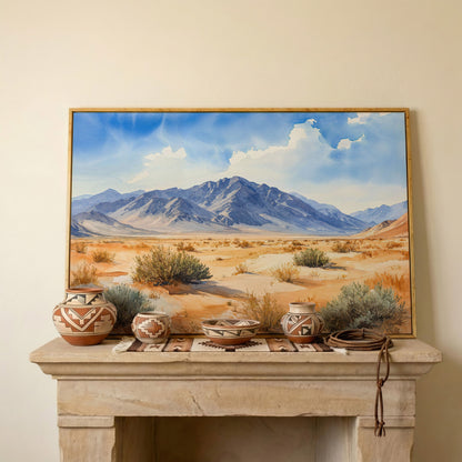 Desert Mountain Landscape Canvas in white oak floating frame