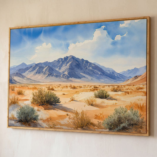 Desert Mountain Landscape Canvas shown in white oak floating frame