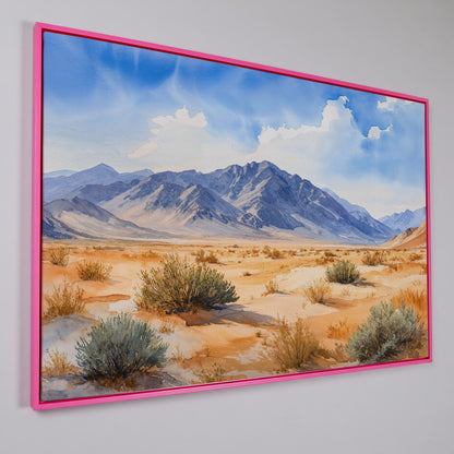 Desert Mountain Landscape Canvas in pink floating frame