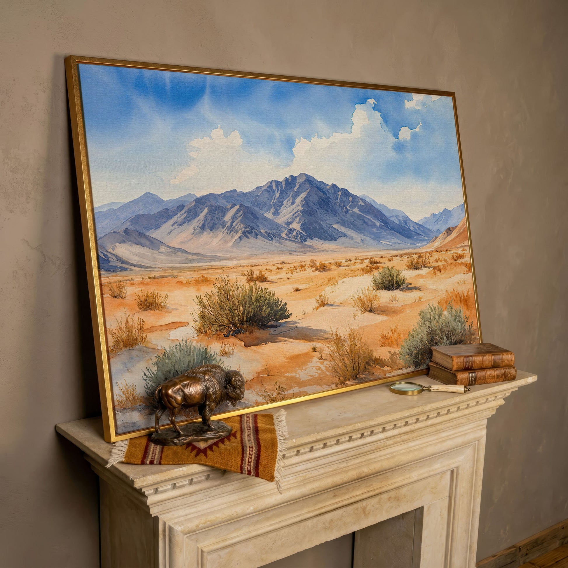 Desert Mountain Landscape Canvas in rose gold floating frame