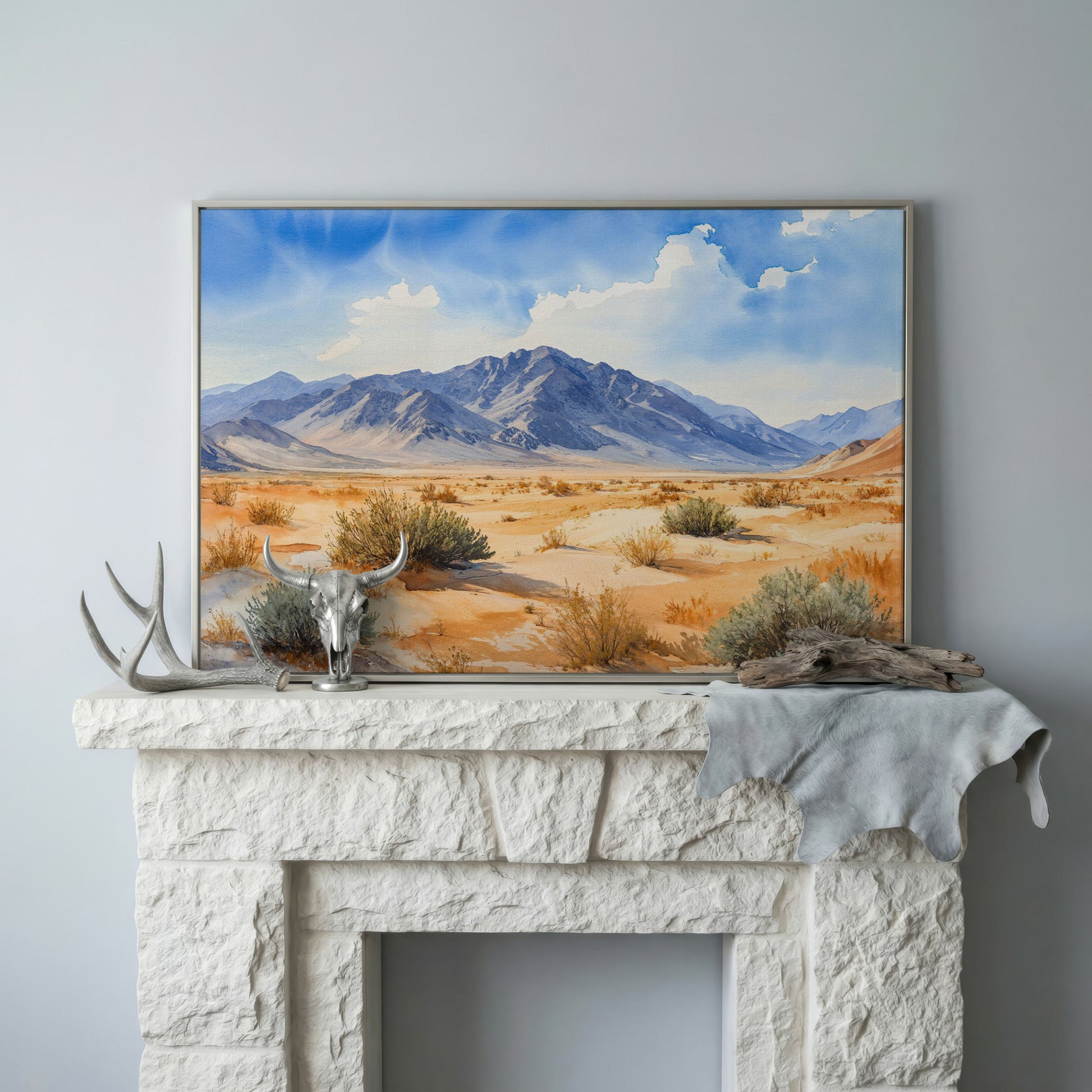 Desert Mountain Landscape Canvas in silver floating frame