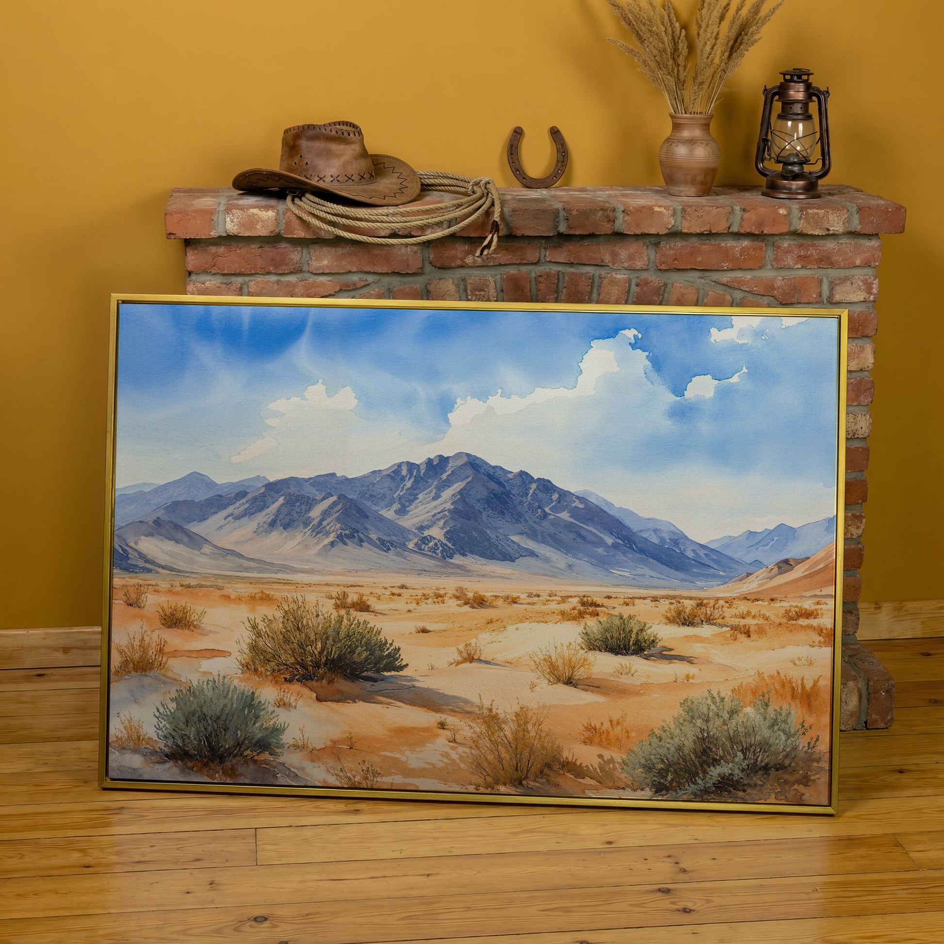 Desert Mountain Landscape Canvas in yellow gold floating frame