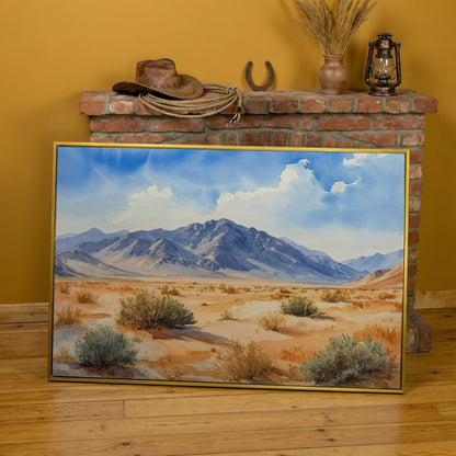 Desert Mountain Landscape Canvas in yellow gold floating frame