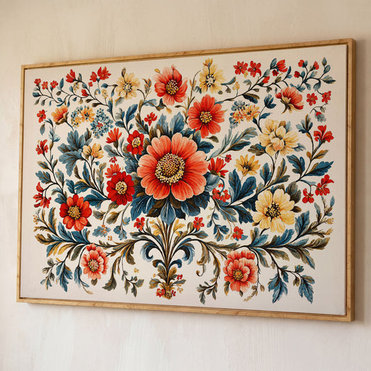 Vintage Floral Canvas with Crimson and Mustard Blooms shown in white oak floating frame