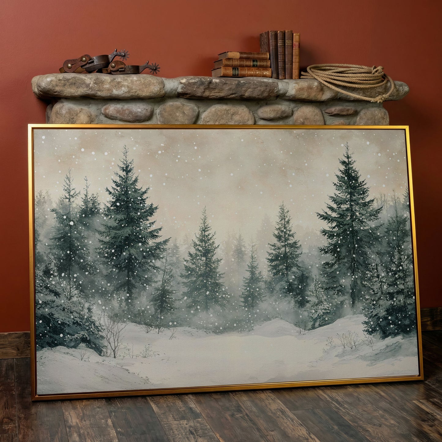 Snowy Pine Forest Canvas Print in antique gold floating frame