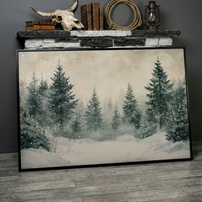 Snowy Pine Forest Canvas Print in black floating frame