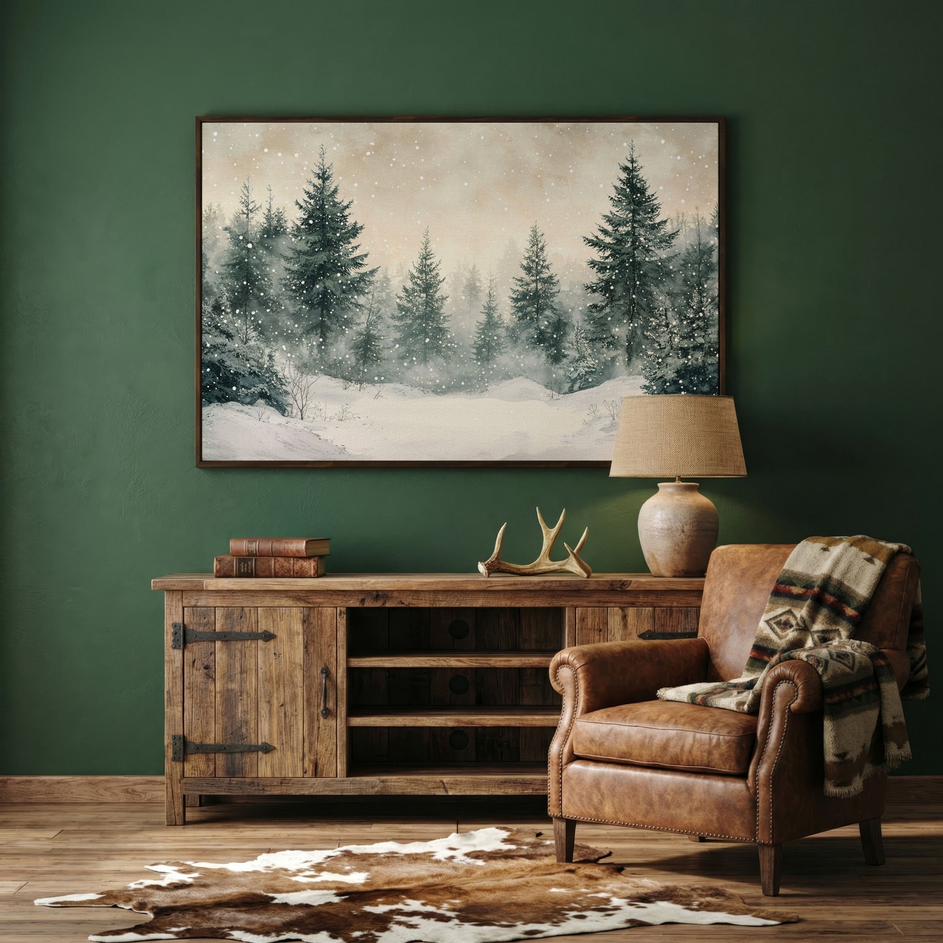 Snowy Pine Forest Canvas Print in dark walnut floating frame
