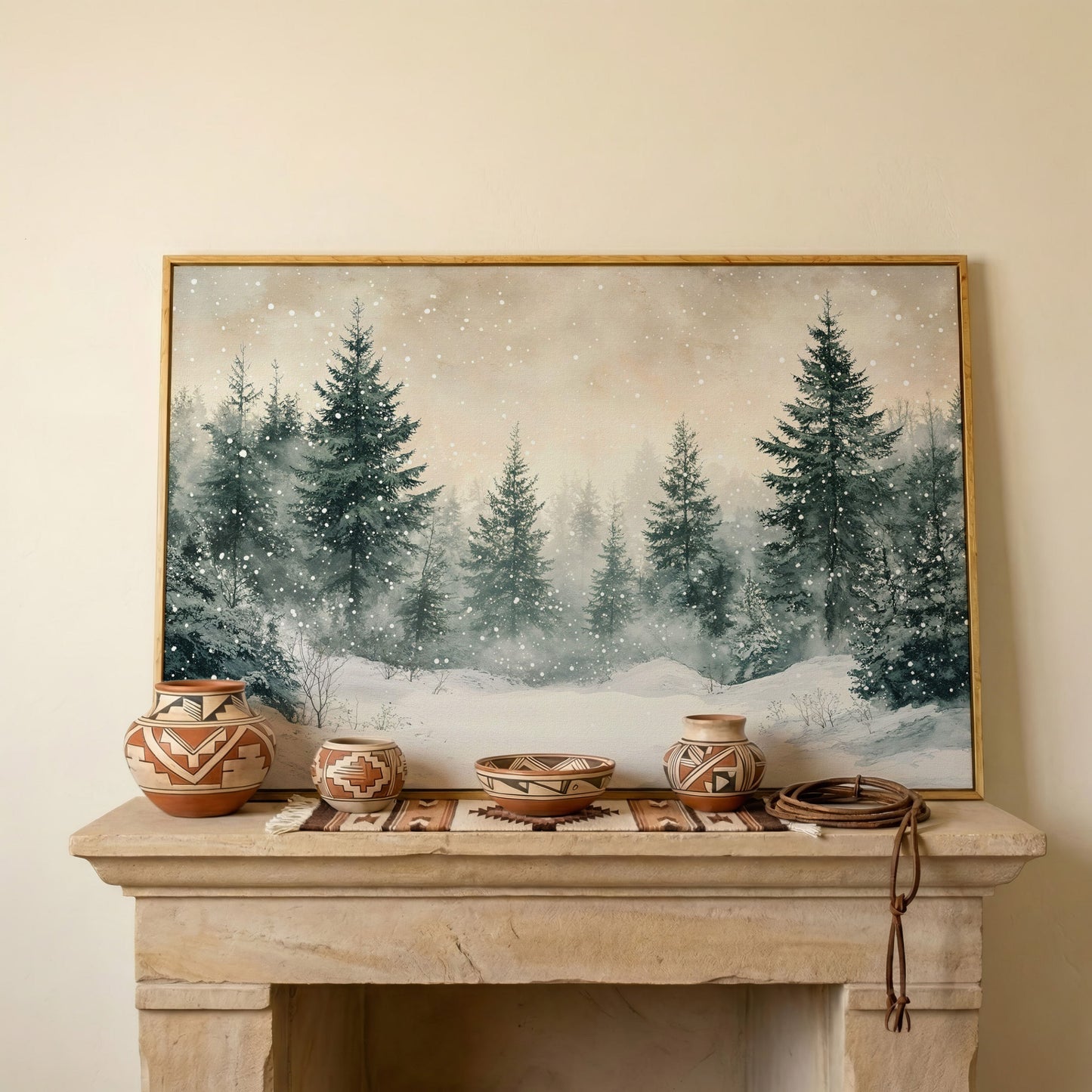 Snowy Pine Forest Canvas Print in white oak floating frame