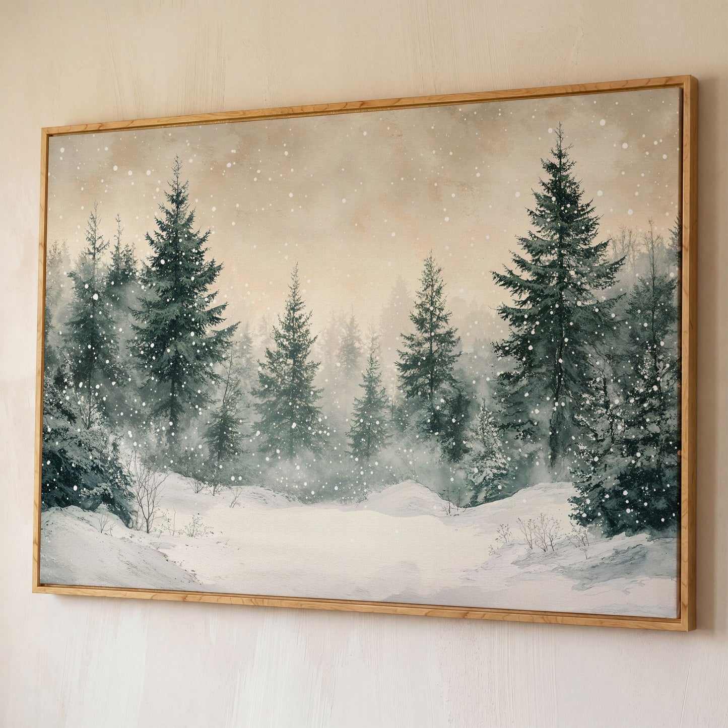 Snowy Pine Forest Canvas Print shown in white oak floating frame