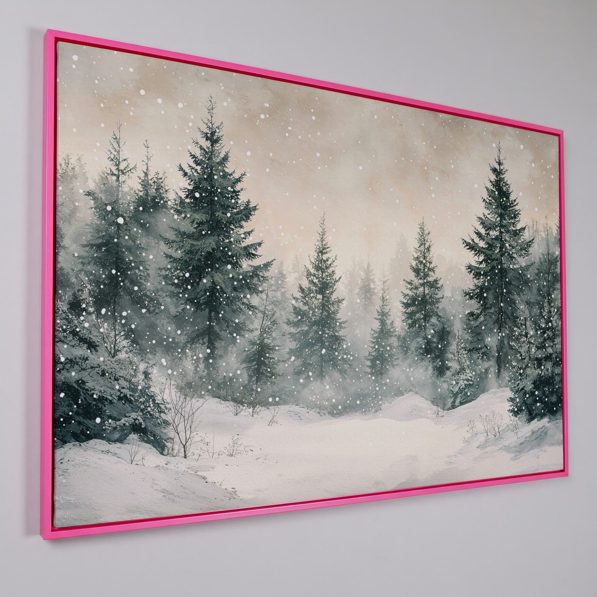 Snowy Pine Forest Canvas Print in pink floating frame