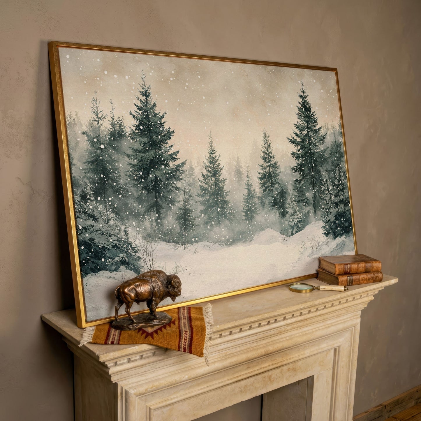 Snowy Pine Forest Canvas Print in rose gold floating frame