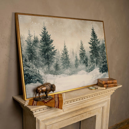 Snowy Pine Forest Canvas Print in rose gold floating frame