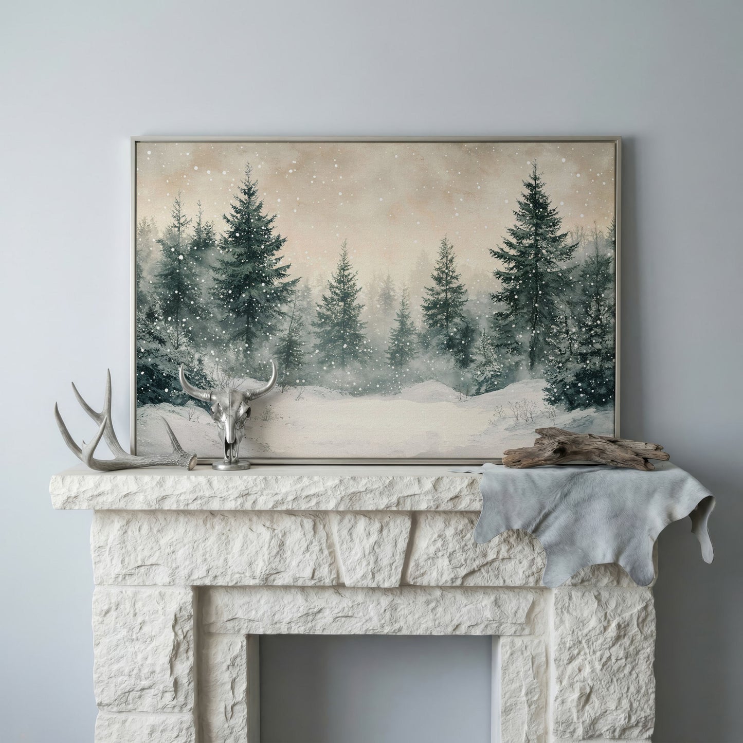 Snowy Pine Forest Canvas Print in silver floating frame