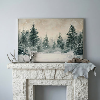Snowy Pine Forest Canvas Print in silver floating frame