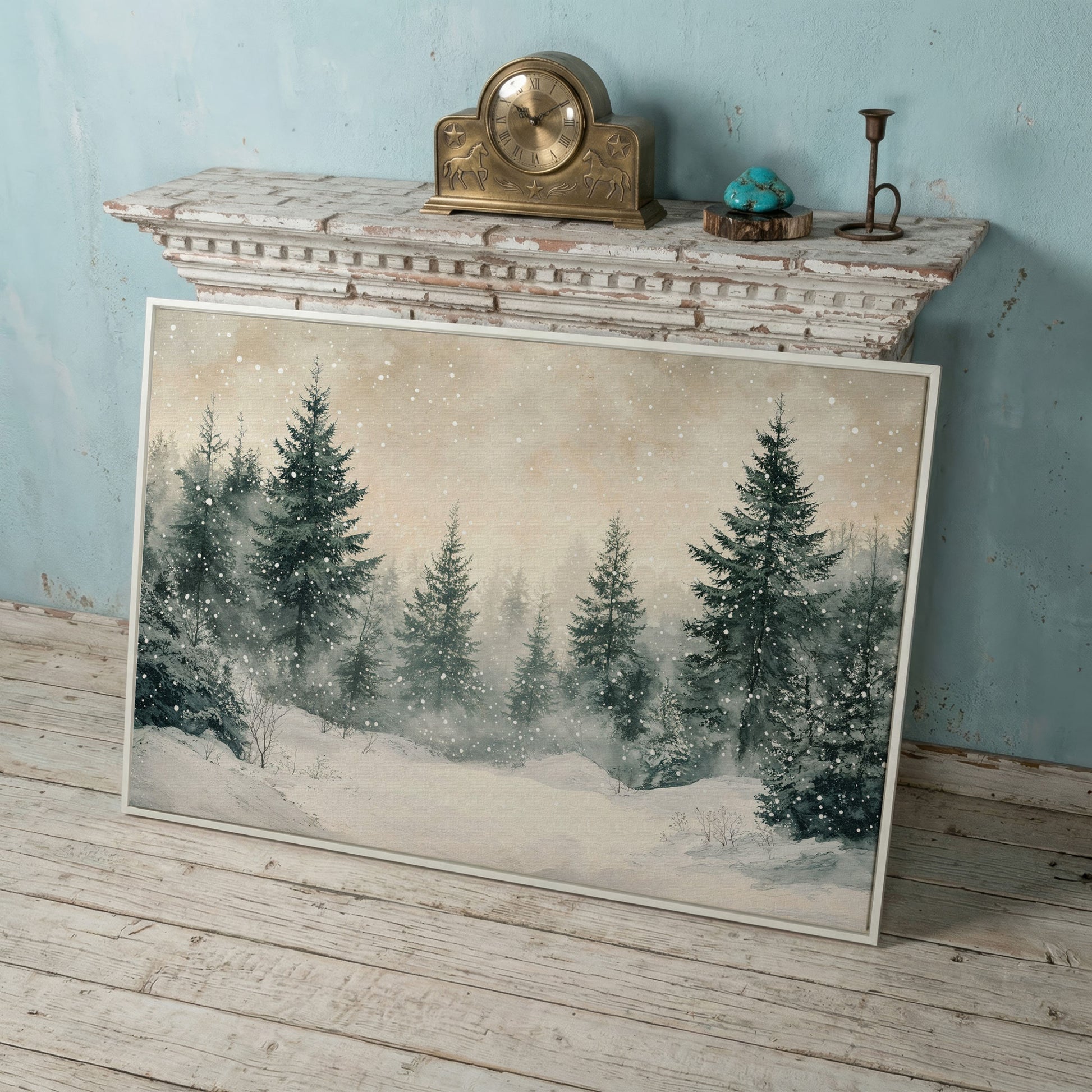 Snowy Pine Forest Canvas Print in white floating frame