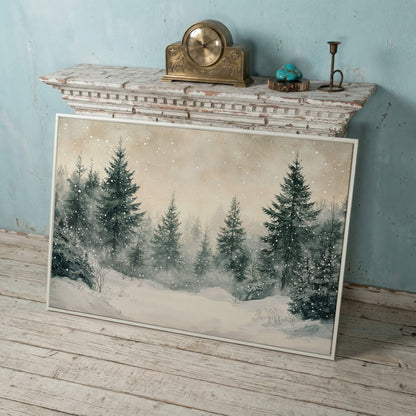 Snowy Pine Forest Canvas Print in white floating frame