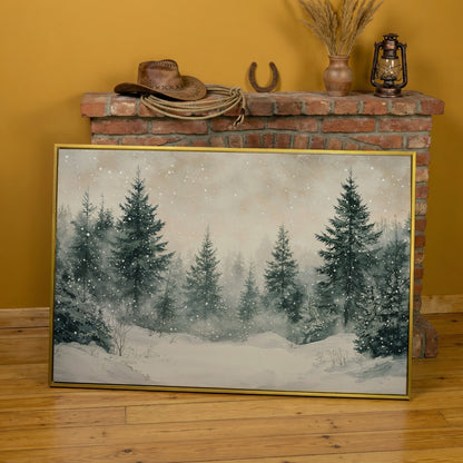 Snowy Pine Forest Canvas Print in yellow gold floating frame