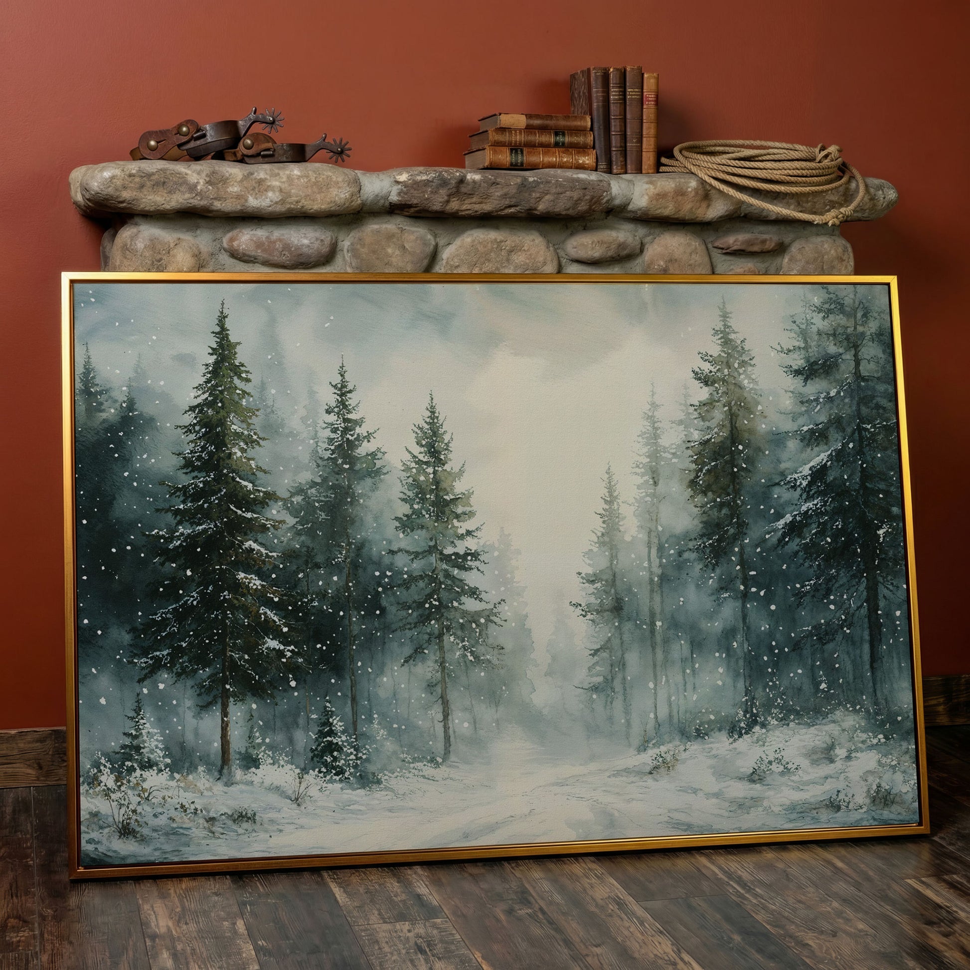 Tranquil Winter Woodland Canvas in antique gold floating frame