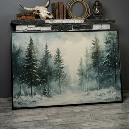 Tranquil Winter Woodland Canvas in black floating frame