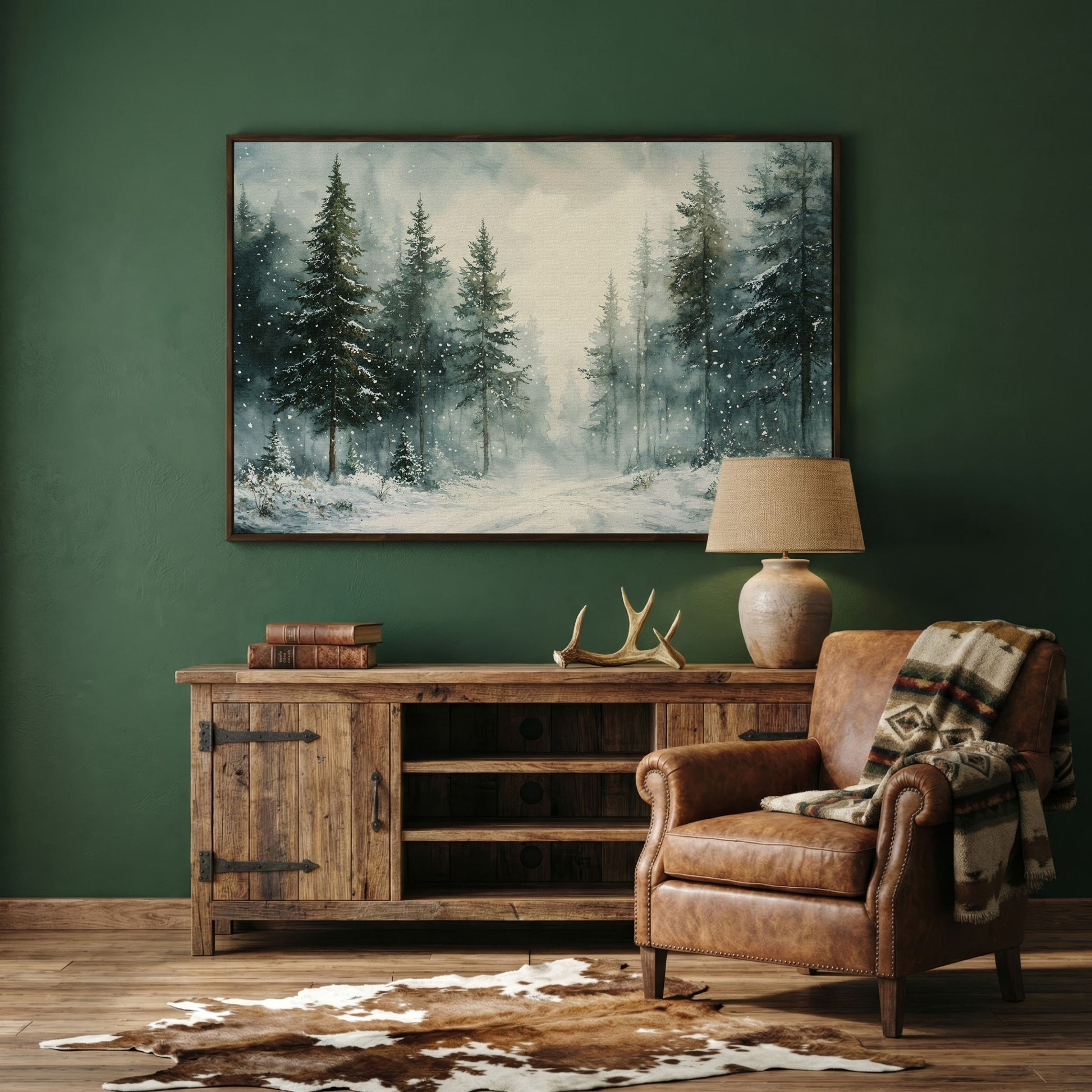 Tranquil Winter Woodland Canvas in dark walnut floating frame
